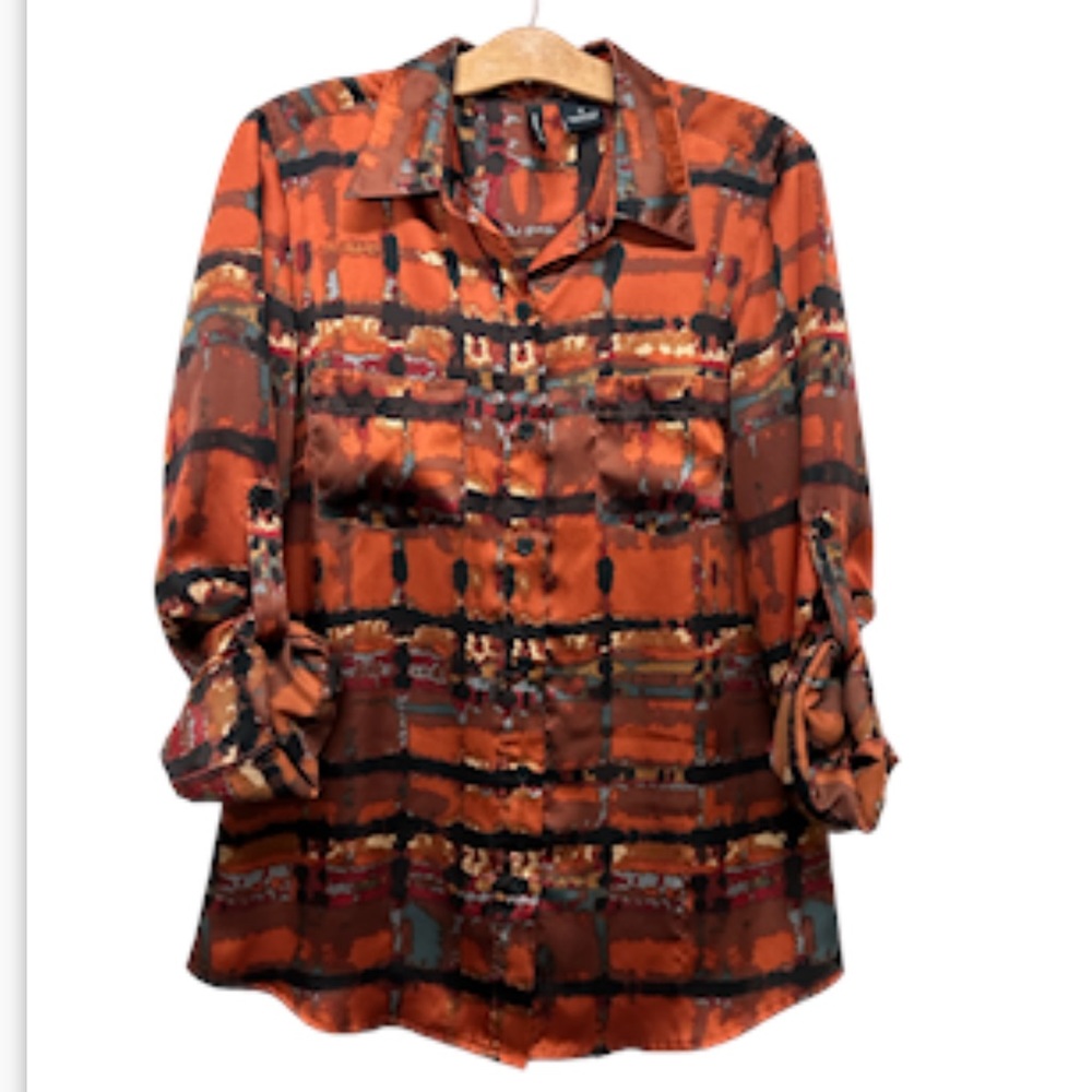 New Directions Womens Blouse Med burnt orange Button Up Roll Up Sleeves (760)
